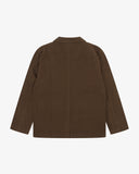 Flat back view of linen blend brown docklands blazer from Uskees with view of back vent.