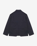 Flat back view of organic cotton twill deep blue docklands blazer from Uskees with view of back vent.