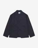 Full front view of organic cotton twill deep blue docklands blazer from Uskees. Clearly showing 2-button fastening, 3 jetted pockets and Uskees brand labels.