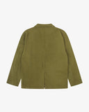 Back view flat shot of Uskees linen blazer for men in woodland green showing the back vent.