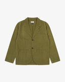 Front flat shot of Uskees linen blazer for men in woodland green on a white background.