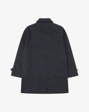 Back view flat shot of an Uskees midnight blue car coat for men on a light gray background