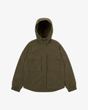 Front view of Uskees army green Evo shell coat showing the two welt and two cargo pockets and hood.