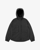 Front view of Uskees charcoal-grey Evo shell coat. Zip secured with focus on hood and breast cargo pockets.