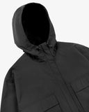 Close up view of Uskees charcoal-grey Evo shell coat with focus on hood and toggles.