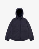 Front view of Uskees midnight blue Evo shell coat showing the two welt and two cargo pockets and hood.