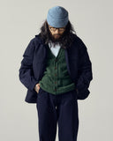 Model wearing Uskees midnight blue Evo shell coat paired with various Uskees garments in layers.
