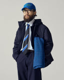 Model wearing Uskees midnight blue Evo shell coat paired with various Uskees garments.