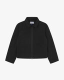 Front flat shot of an Uskees zip up bomber jacket for men in black. 