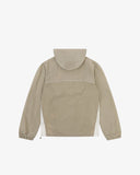 Back view flat shot of an Uskees zip up trekking jacket for men in light green with side accent white panel.
