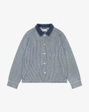 Front view of an Uskees blue and white striped canvas utility jacket buttoned up and laid flat against a white background.