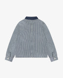 Back view of an Uskees men's blue and white striped utility jacket with a navy blue corduroy collar, laid flat against a white background.