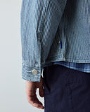 Close-up back view of a model wearing an Uskees blue and white striped canvas utility jacket over a blue plaid shirt showing the cuff detail.