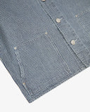Close-up of a blue and white striped Uskees Founder's  jacket showing the front button closure and pocket details against a plain white background.