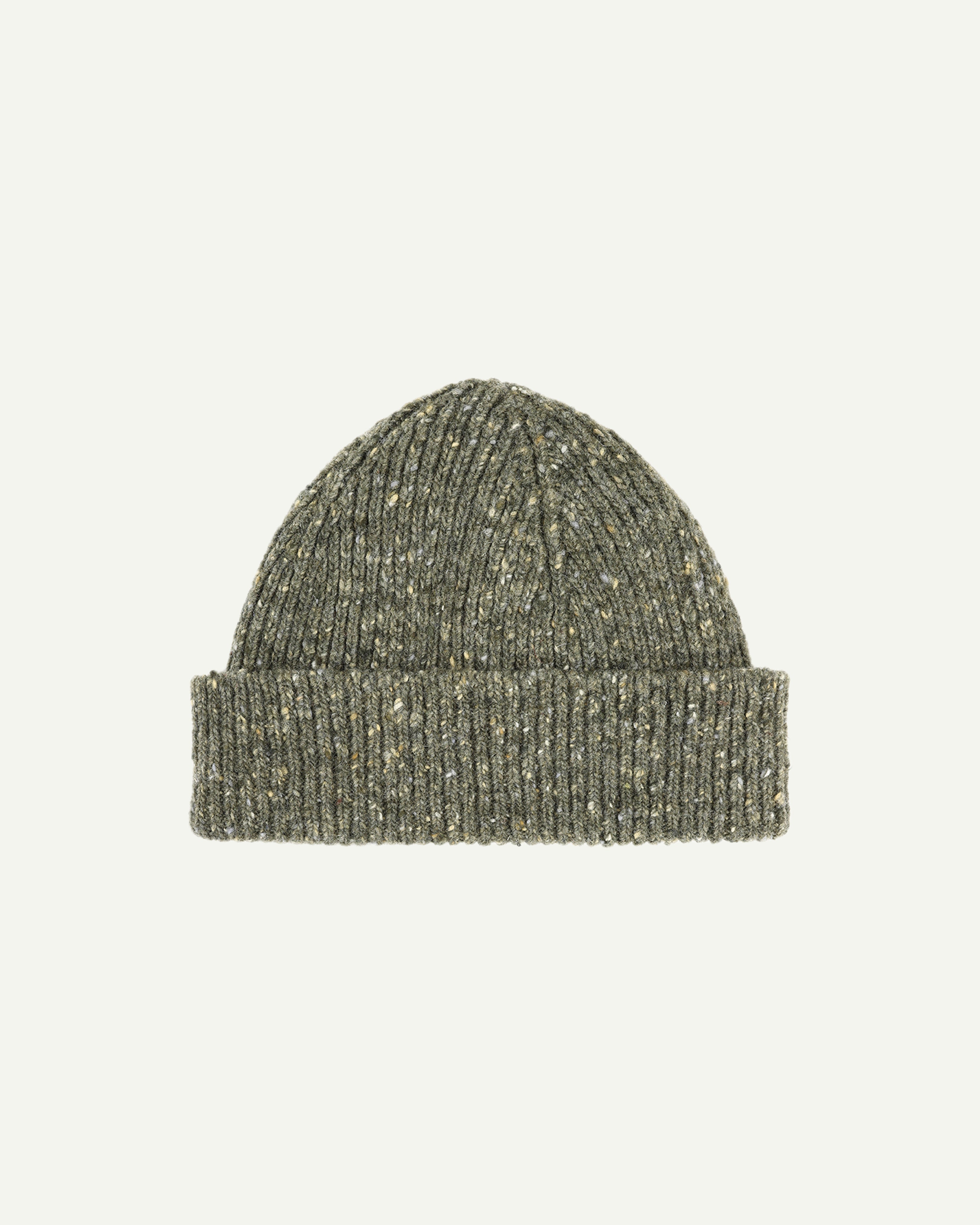 Flat view of Uskees 4003 donegal wool hat in army green, with a clear view of the adjustable cuff.