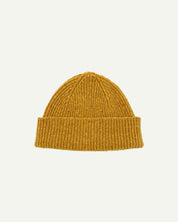  Flat view of Uskees 4003 donegal wool hat in yellow, with a clear view of the adjustable cuff.