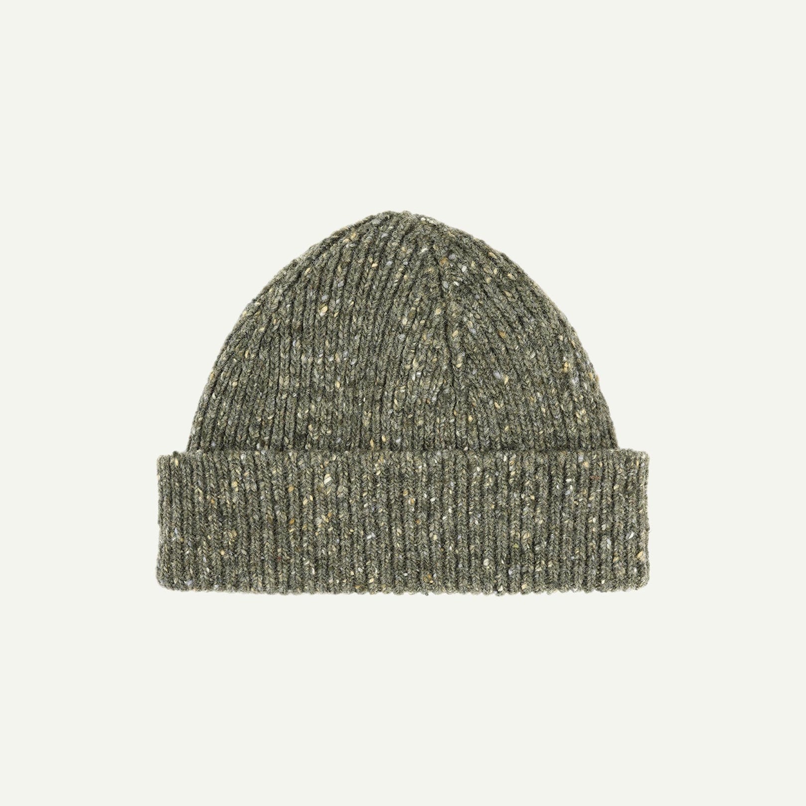  Flat view of Uskees 4003 donegal wool hat in army green, with a clear view of the adjustable cuff.