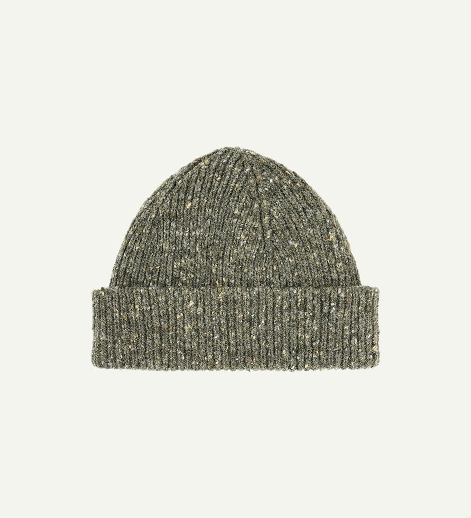  Flat view of Uskees 4003 donegal wool hat in army green, with a clear view of the adjustable cuff.