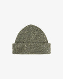 Flat view of Uskees 4003 donegal wool hat in army green, with a clear view of the adjustable cuff.