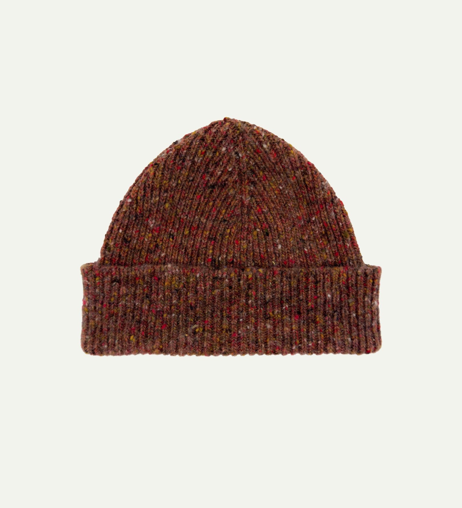 Flat view of Uskees 4003 'brick red' speckled donegal wool hat, with a clear view of the 'speckled' nature of the hat and the adjustable cuff.