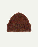 Flat view of Uskees 4003 'brick red' speckled donegal wool hat, with a clear view of the 'speckled' nature of the hat and the adjustable cuff.