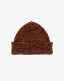 Front view of Uskees 4003 brick red multicoloured speckled Donegal wool hat showing the adjustable cuff.