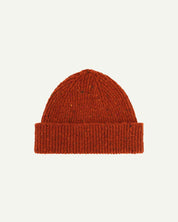 Flat view of Uskees 4003 'burnt orange' donegal wool hat, with a clear view of the adjustable cuff. Clearly showing the 'speckled' detail of the wool hat.