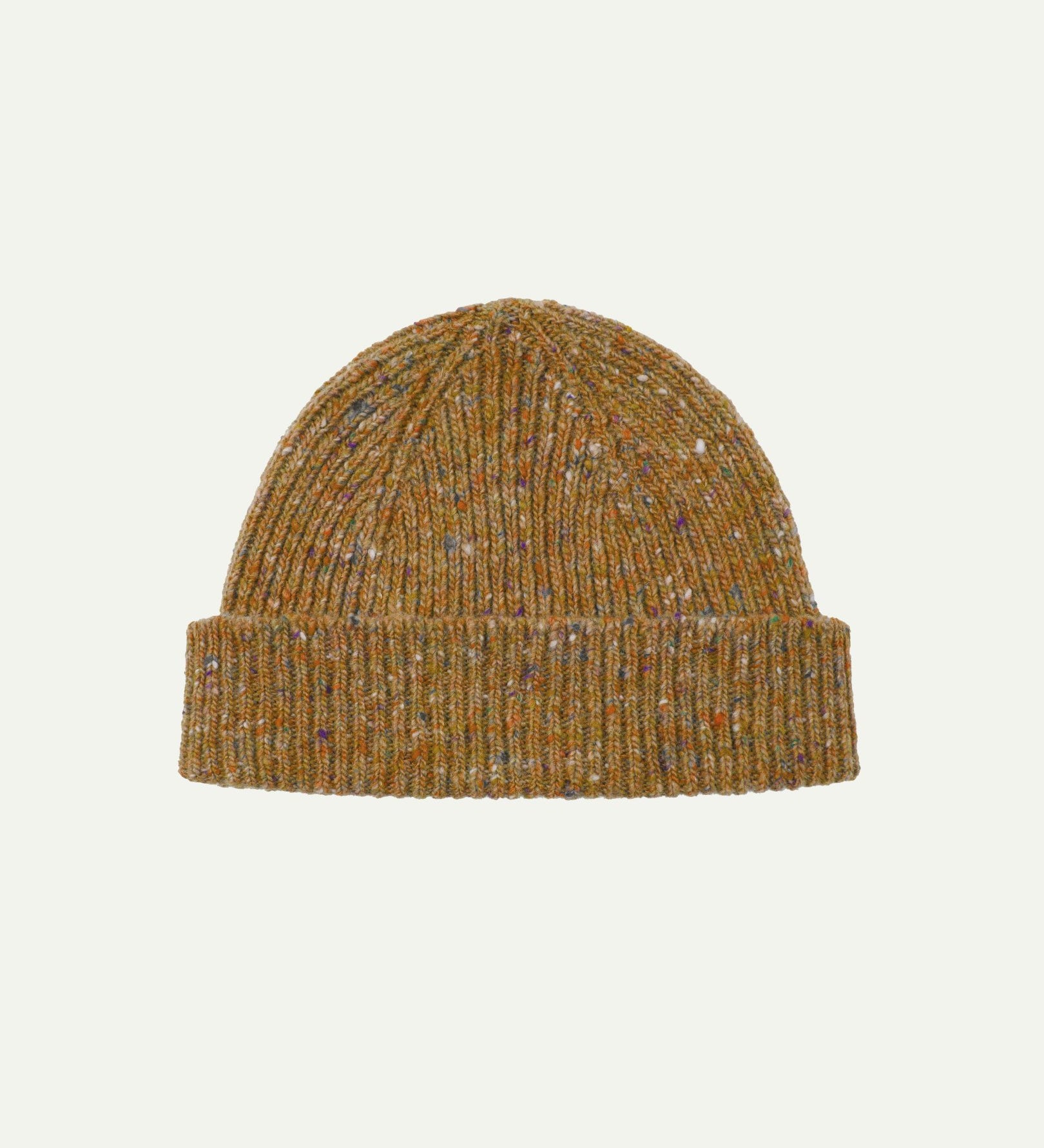 Flat view of Uskees 4003 'butterscotch' speckled donegal wool hat, with a clear view of the 'speckled' nature of the hat and the adjustable cuff.