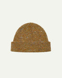 Flat view of Uskees 4003 'butterscotch' speckled donegal wool hat, with a clear view of the 'speckled' nature of the hat and the adjustable cuff.