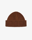 Angled view of Uskees 4003 chestnut brown speckled Donegal wool knit beanie.