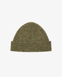 Front view of Uskees 4003 herb green speckled Donegal wool hat showing the adjustable cuff.
