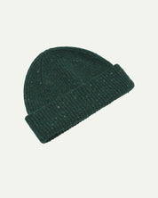 Angled back view of Uskees 4003 'mallard green' speckled donegal wool hat showing the adjustable cuff.