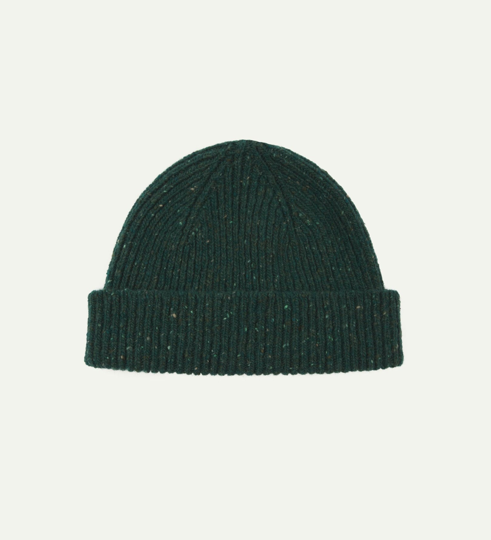 Back view of Uskees 4003 'mallard green' speckled donegal wool hat showing the adjustable cuff.