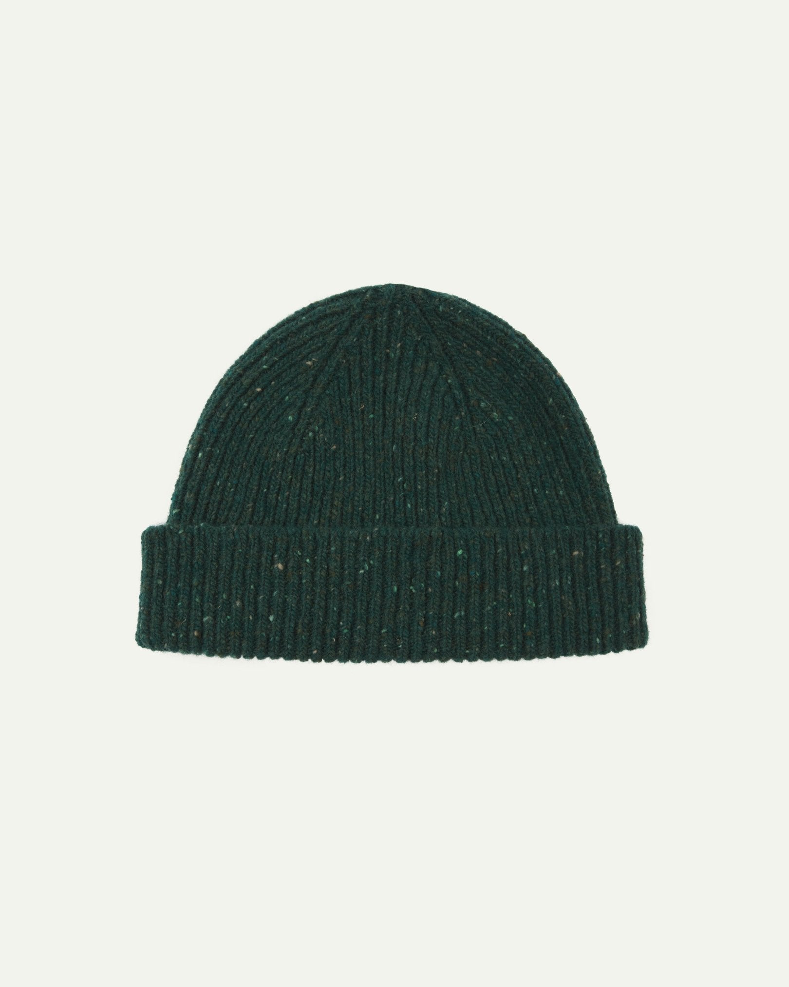 Back view of Uskees 4003 'mallard green' speckled donegal wool hat showing the adjustable cuff.