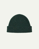 Back view of Uskees 4003 'mallard green' speckled donegal wool hat showing the adjustable cuff.
