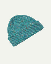 Angled back view of Uskees 4003 'ocean green' speckled donegal wool hat showing the adjustable cuff.