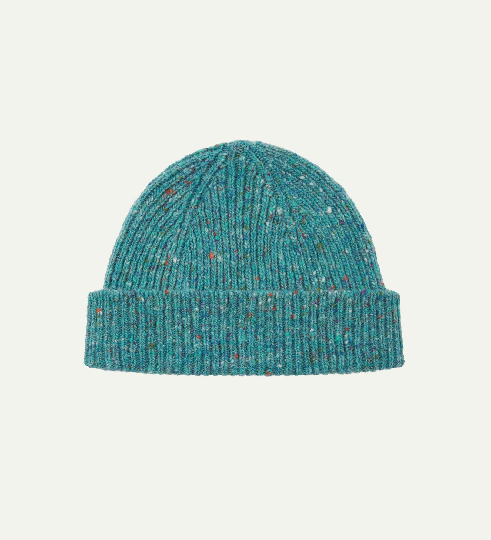 Front view of Uskees 4003 'ocean green' donegal wool hat, with a clear view of the adjustable cuff.