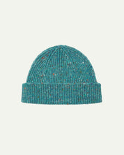 Front view of Uskees 4003 'ocean green' donegal wool hat, with a clear view of the adjustable cuff.