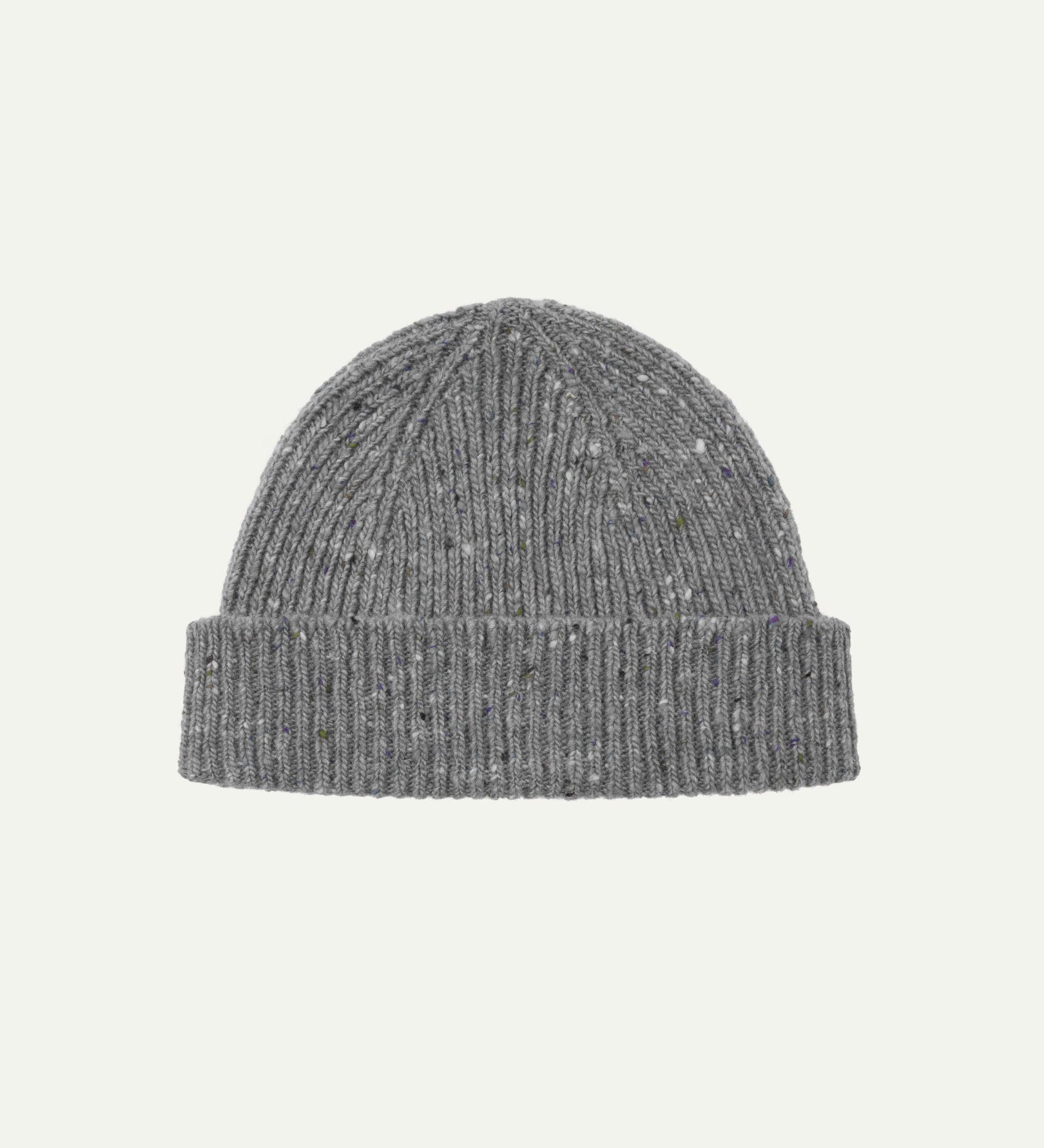 Flat view of Uskees 4003 'silver-grey' speckled donegal wool hat, with a clear view of the 'speckled' nature of the hat and the adjustable cuff.