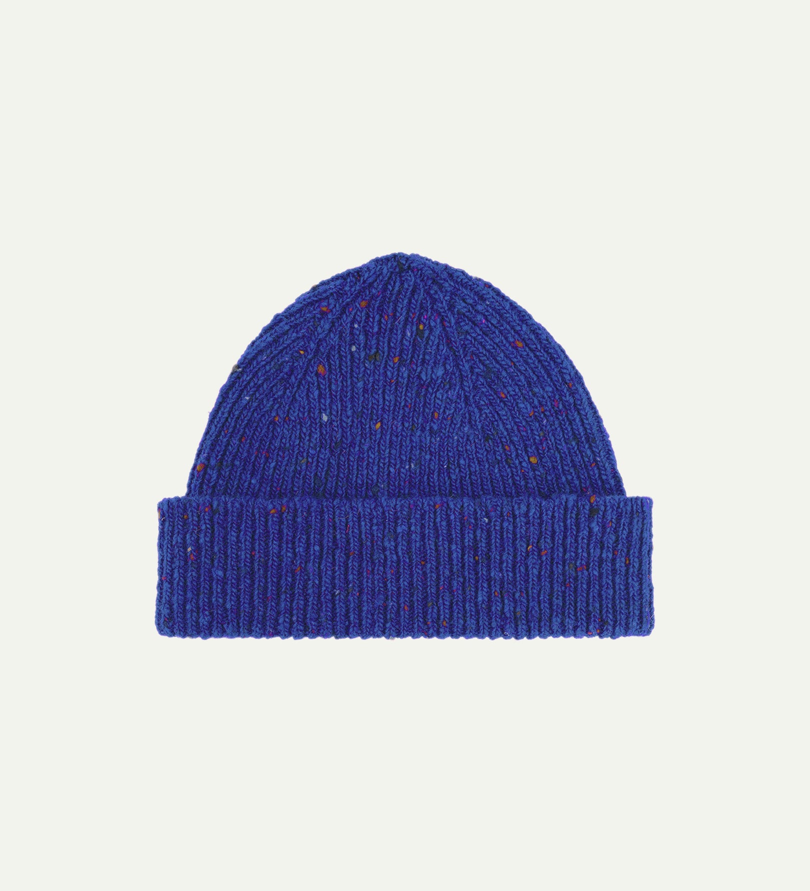  Flat view of Uskees 4003 donegal wool hat in 'ultra blue' . The image clearly shows the adjustable cuff of this bright blue hat.