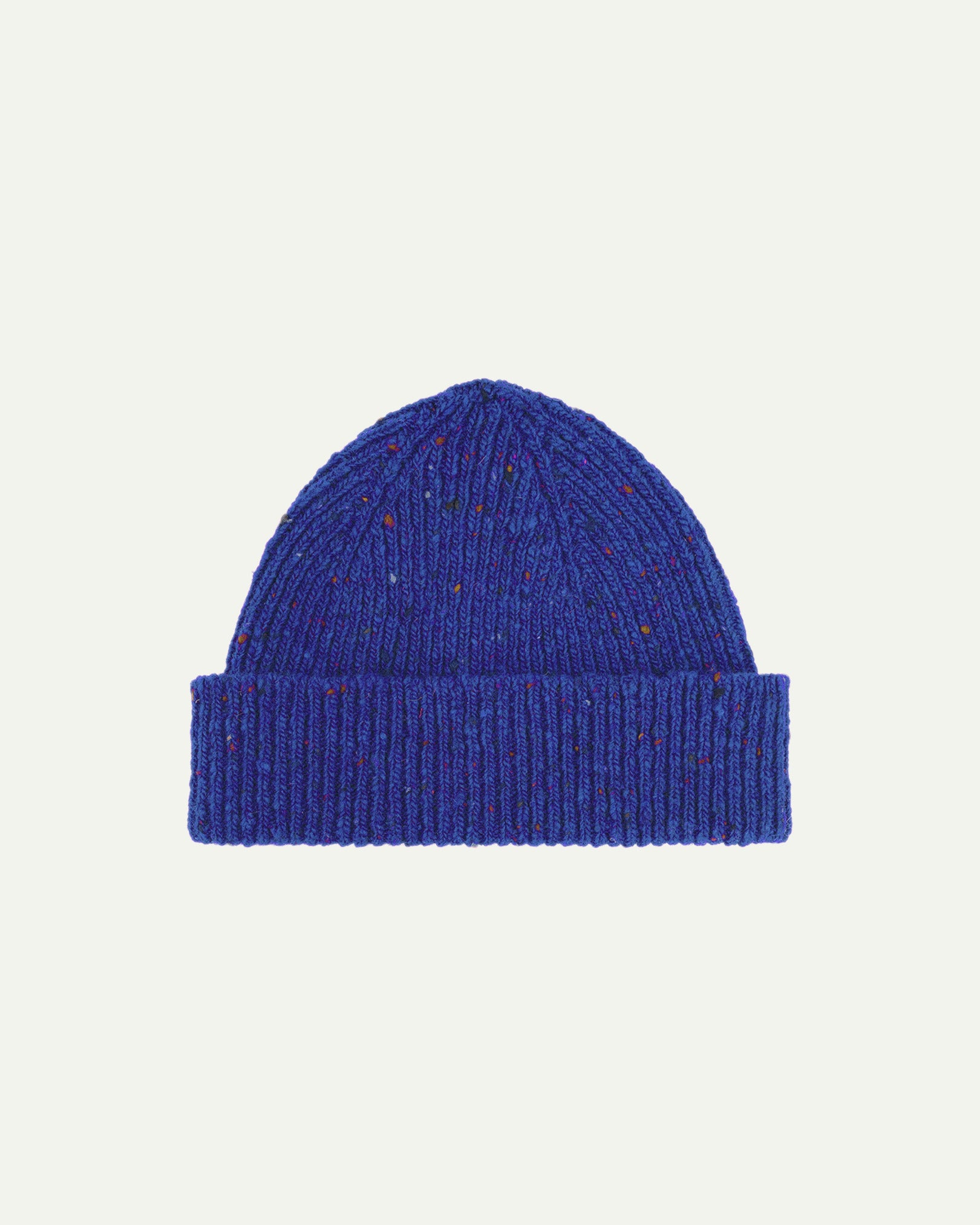  Flat view of Uskees 4003 donegal wool hat in 'ultra blue' . The image clearly shows the adjustable cuff of this bright blue hat.