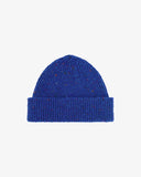 Flat view of Uskees 4003 donegal wool hat in 'ultra blue' . The image clearly shows the adjustable cuff of this bright blue hat.