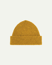 Flat view of Uskees 4003 donegal wool hat in yellow, with a clear view of the adjustable cuff.