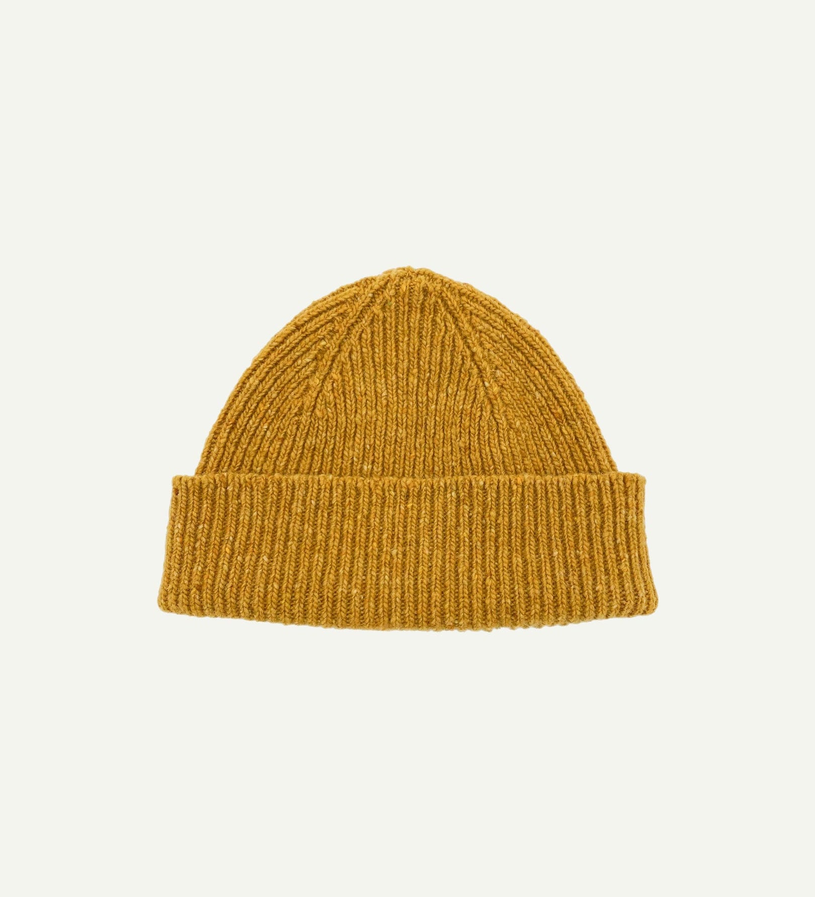  Flat view of Uskees 4003 donegal wool hat in yellow, with a clear view of the adjustable cuff.