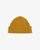 Flat view of Uskees 4003 donegal wool hat in yellow, with a clear view of the adjustable cuff.