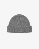 Flat view of Uskees 4003 'silver-grey' speckled donegal wool hat, with a clear view of the 'speckled' nature of the hat and the adjustable cuff.