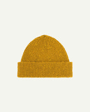  Flat view of Uskees 4003 donegal wool hat in yellow, with a clear view of the adjustable cuff.