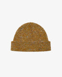 Flat view of Uskees 4003 'butterscotch' speckled donegal wool hat, with a clear view of the 'speckled' nature of the hat and the adjustable cuff.