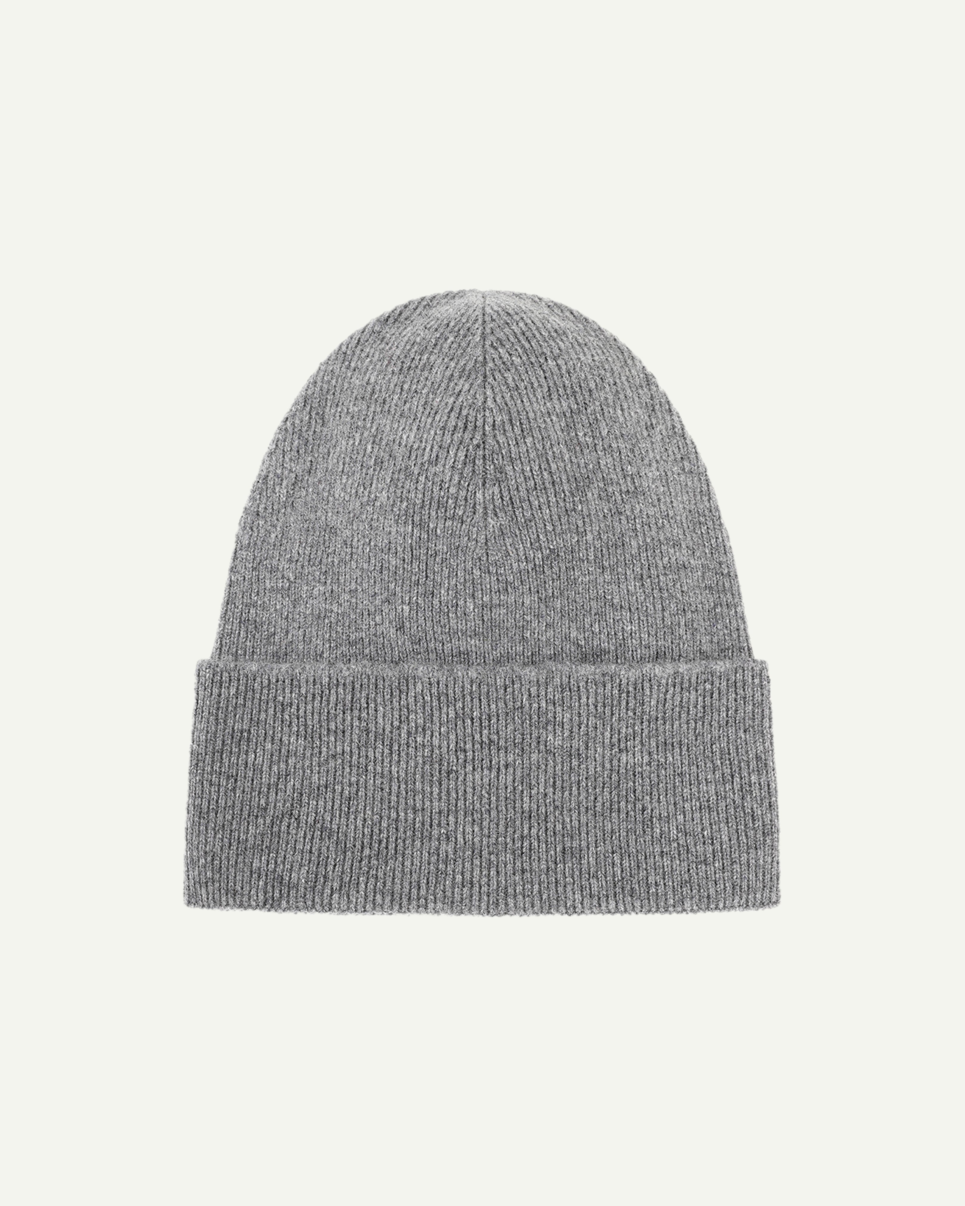 Flat view of Uskees 4004 grey wool hat, showing a clear view of the adjustable cuff and the ribbed texture of this light grey hat.