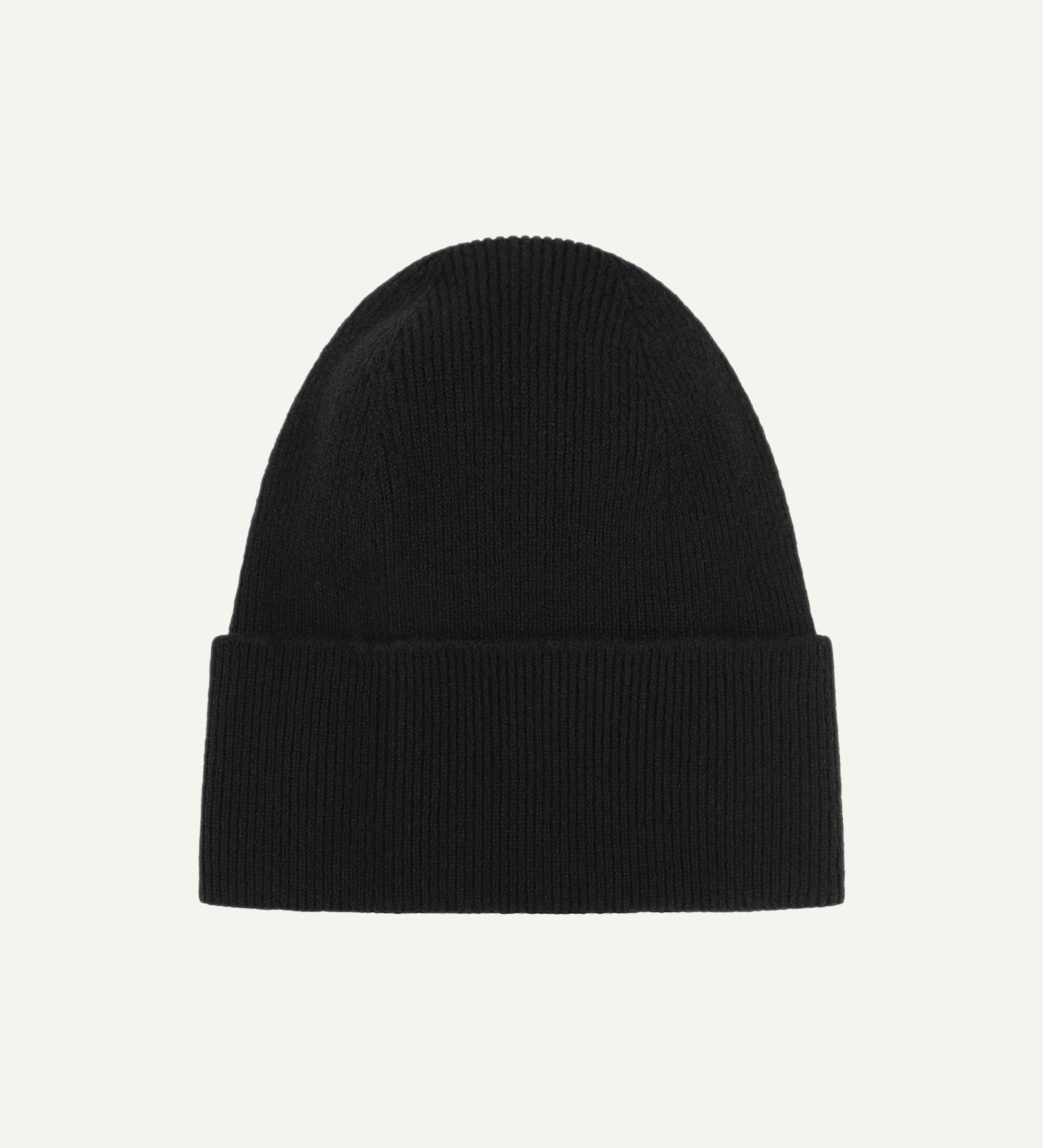 Flat view of Uskees 4004 black wool hat, showing a clear view of the adjustable cuff and the ribbed texture of the hat.